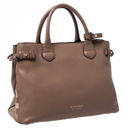 Pre Owned Burberry Brown Leather and House Check Fabric Medium Banner Tote