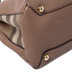 Pre Owned Burberry Brown Leather and House Check Fabric Medium Banner Tote