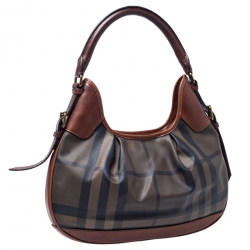 Pre Owned Burberry Dark Tan Nova Check Coated Canvas and Leather Small Brooklyn Hobo