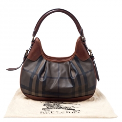 Pre Owned Burberry Dark Tan Nova Check Coated Canvas and Leather Small Brooklyn Hobo