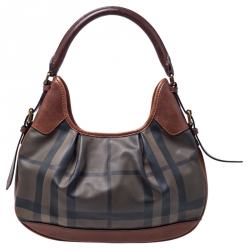 Pre Owned Burberry Dark Tan Nova Check Coated Canvas and Leather Small Brooklyn Hobo