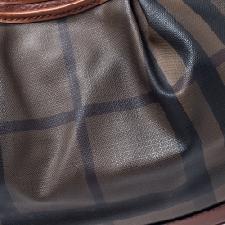 Pre Owned Burberry Dark Tan Nova Check Coated Canvas and Leather Small Brooklyn Hobo