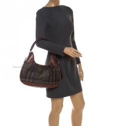 Pre Owned Burberry Dark Tan Nova Check Coated Canvas and Leather Small Brooklyn Hobo