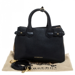 مملوكة مسبقًا Burberry Black Leather and House Check Fabric Small Banner Tote