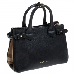 مملوكة مسبقًا Burberry Black Leather and House Check Fabric Small Banner Tote