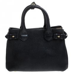 مملوكة مسبقًا Burberry Black Leather and House Check Fabric Small Banner Tote
