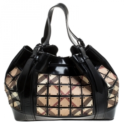 Pre Owned Burberry Black Nova Check Canvas and Patent Leather Large Warrior Armor Hobo   