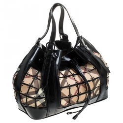 Pre Owned Burberry Black Nova Check Canvas and Patent Leather Large Warrior Armor Hobo   