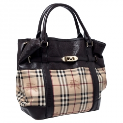 Pre Owned Burberry Beige/Brown Haymarket Check Coated Canvas and Leather Willenmore Tote