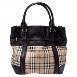 Pre Owned Burberry Beige/Brown Haymarket Check Coated Canvas and Leather Willenmore Tote