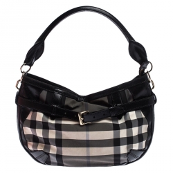Pre Owned Burberry Black/Grey Beat Check Canvas and Leather Belted Hobo