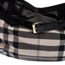 Pre Owned Burberry Black/Grey Beat Check Canvas and Leather Belted Hobo
