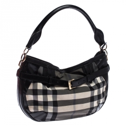 Pre Owned Burberry Black/Grey Beat Check Canvas and Leather Belted Hobo