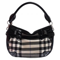 Pre Owned Burberry Black/Grey Beat Check Canvas and Leather Belted Hobo
