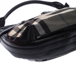 Pre Owned Burberry Black/Grey Beat Check Canvas and Leather Belted Hobo