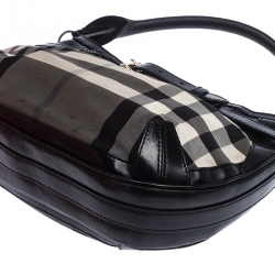 Pre Owned Burberry Black/Grey Beat Check Canvas and Leather Belted Hobo
