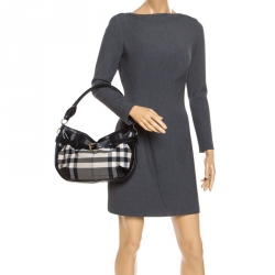 Pre Owned Burberry Black/Grey Beat Check Canvas and Leather Belted Hobo