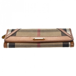 Pre Owned Burberry Brown/Beige House Check Fabric and Leather Leighton Continental Wallet