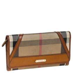 Pre Owned Burberry Brown/Beige House Check Fabric and Leather Leighton Continental Wallet
