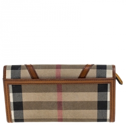 Pre Owned Burberry Brown/Beige House Check Fabric and Leather Leighton Continental Wallet