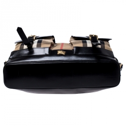 Pre Owned Burberry Black/Beige Nova Check Fabric and Leather Front Pocket Buckle Hobo