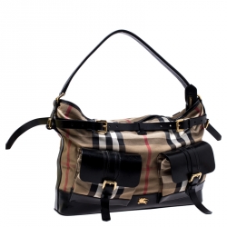 Pre Owned Burberry Black/Beige Nova Check Fabric and Leather Front Pocket Buckle Hobo