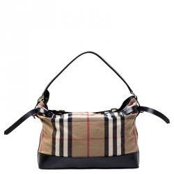 Pre Owned Burberry Black/Beige Nova Check Fabric and Leather Front Pocket Buckle Hobo