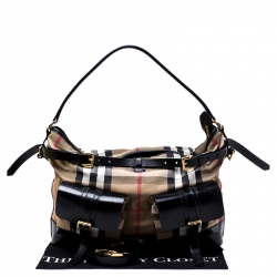 Pre Owned Burberry Black/Beige Nova Check Fabric and Leather Front Pocket Buckle Hobo