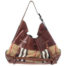 Pre Owned Burberry Brown Leather Bridle House Check Hobo