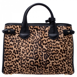 Pre Owned Burberry Brown/Black Leopard Print Calfhair and Leather Medium Banner Tote
