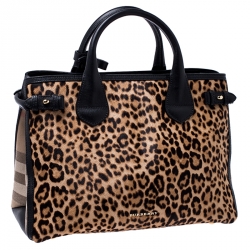 Pre Owned Burberry Brown/Black Leopard Print Calfhair and Leather Medium Banner Tote