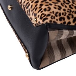 Pre Owned Burberry Brown/Black Leopard Print Calfhair and Leather Medium Banner Tote