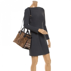 Pre Owned Burberry Brown/Black Leopard Print Calfhair and Leather Medium Banner Tote