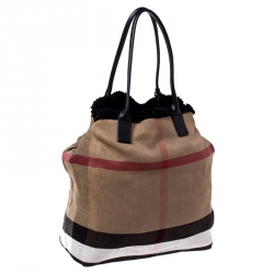 Pre Owned Burberry Beige/Black House Check Canvas and Leather with Shearling Lining Tote