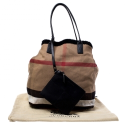 Pre Owned Burberry Beige/Black House Check Canvas and Leather with Shearling Lining Tote