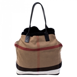 Pre Owned Burberry Beige/Black House Check Canvas and Leather with Shearling Lining Tote