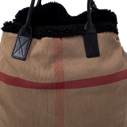 Pre Owned Burberry Beige/Black House Check Canvas and Leather with Shearling Lining Tote