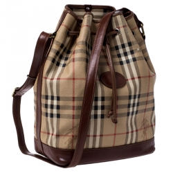 Pre Owned Burberry Beige/Brown Haymarket Check Canvas and Leather Drawstring Bucket Bag