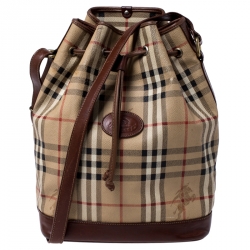 Burberry Beige/Brown Haymarket Check Canvas and Leather Drawstring Bucket Bag Burberry TLC