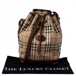 Pre Owned Burberry Beige/Brown Haymarket Check Canvas and Leather Drawstring Bucket Bag