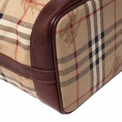 Pre Owned Burberry Beige/Brown Haymarket Check Canvas and Leather Drawstring Bucket Bag