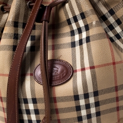 Pre Owned Burberry Beige/Brown Haymarket Check Canvas and Leather Drawstring Bucket Bag