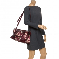 Pre Owned Burberry Red House Check Coated Canvas and Patent Leather Hearts Pilgrim Satchel