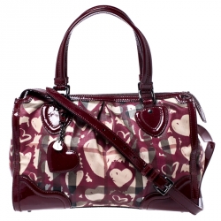 Pre Owned Burberry Red House Check Coated Canvas and Patent Leather Hearts Pilgrim Satchel