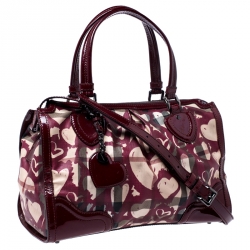 Pre Owned Burberry Red House Check Coated Canvas and Patent Leather Hearts Pilgrim Satchel
