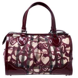 Pre Owned Burberry Red House Check Coated Canvas and Patent Leather Hearts Pilgrim Satchel
