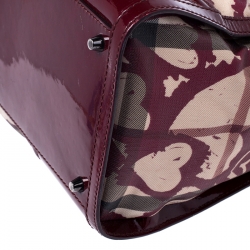 Pre Owned Burberry Red House Check Coated Canvas and Patent Leather Hearts Pilgrim Satchel