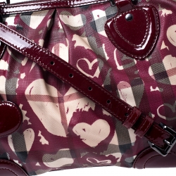 Pre Owned Burberry Red House Check Coated Canvas and Patent Leather Hearts Pilgrim Satchel