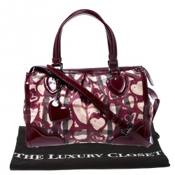 Pre Owned Burberry Red House Check Coated Canvas and Patent Leather Hearts Pilgrim Satchel