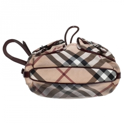 Pre Owned Burberry Beige/Maroon Nova Check Coated Canvas and Patent Leather Drawstring Hobo